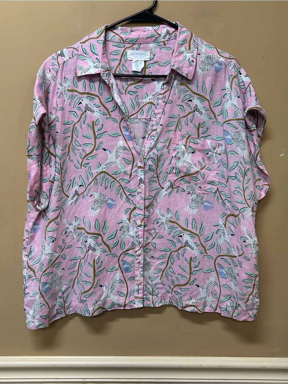 Cynthia Rowley Linen Shirt Women Size XL Pink Bird Print Button Up Short Sleeve